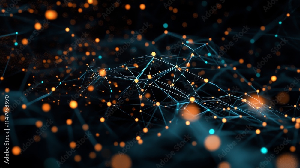Poster interconnected nodes and glowing particles create a mesmerizing abstract digital design showcasing d