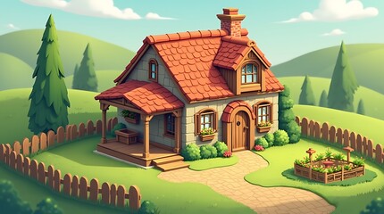 Charming cartoon house nestled in a picturesque rural landscape, Generative AI