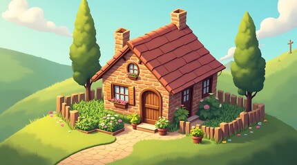 Charming cartoon house nestled in a picturesque rural landscape, Generative AI
