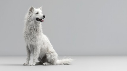 Majestic White Dog Sitting Gracefully on Gray Background