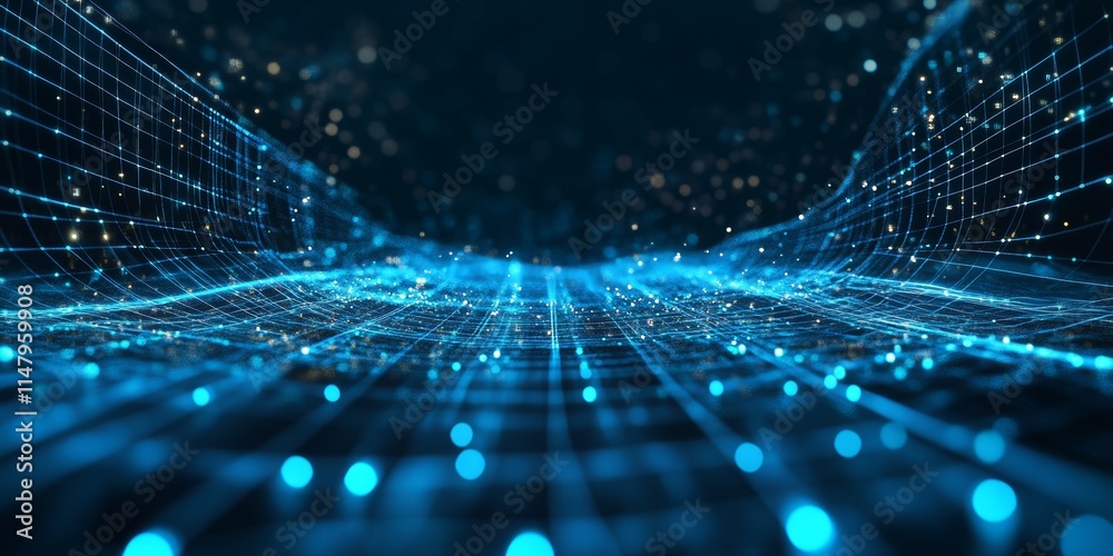 Poster digital landscape displays vibrant blue lights and interconnected lines representing data flow in a 