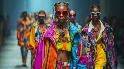 Fototapeta premium Models walk confidently down the runway, adorned in vivid, oversized outfits that celebrate urban culture and artistic creativity. The atmosphere is electric with vibrant colors