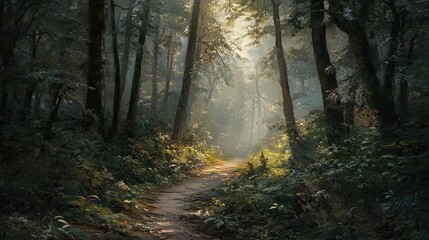 A painting of a forest path with sunlight shining through the trees