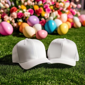 Double baseball caps, lying on athletic field with Easter eggs. Two blank Easter ball caps template, front view. Unisex white baseball cap, sports matching designs mock up