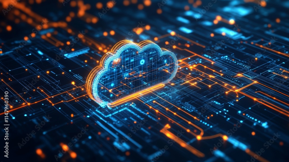 Poster cloud computing technology visualized with digital circuit patterns featuring glowing icons and conn
