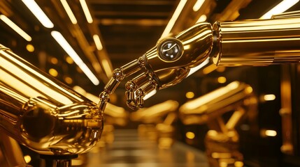 Fototapeta premium imagine prompt: High-tech gold testing facility, minimalistic design, simple lines, gold and silver hues, robotic arms handling gold samples, open space industrial layout, a