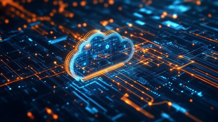 Cloud Computing Technology Visualized With Digital Circuit Patterns Featuring Glowing Icons and Connections, Illustrating Innovation in Data Management and Storage