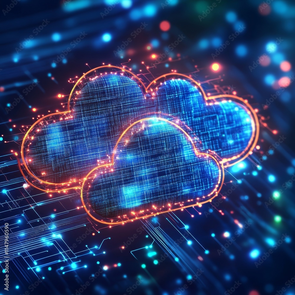 Poster digital cloud technology with glowing circuits symbolizing data storage and connectivity in a modern