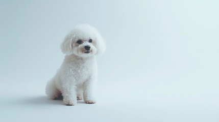 Cute fluffy white dog sitting calmly against a light background