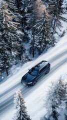 A dark blue SUV is parked along a snowy road surrounded by tall, snow-covered trees under a night sky filled with falling snowflakes
