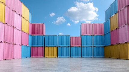 Fototapeta premium Stacked colorful pastel shipping containers in pink, blue, and yellow arranged in a yard under a blue sky.