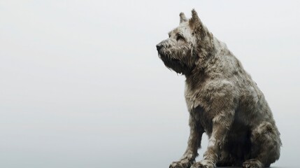 Naklejka premium Dog Sitting Calmly on a Rocky Surface Against a Foggy Background