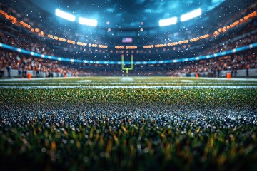 American football stadium under bright lights on a rainy night