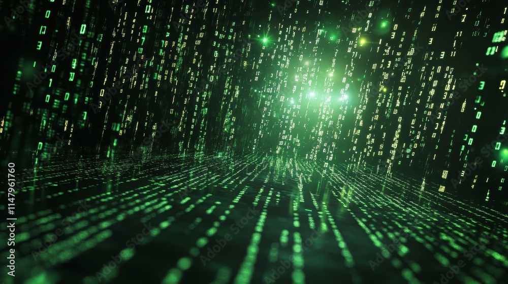 Poster digital environment showcasing falling green binary code against a dark background, creating an imme