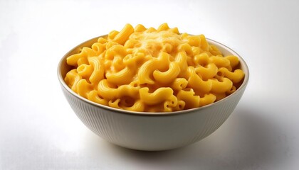 A bowl of macaroni and cheese sits against a plain white background.