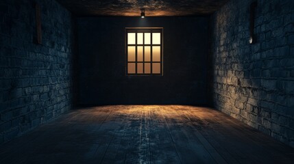 Obraz premium Moody Interior of an Empty, Dimly Lit Room With a Single Window Casting Light on the Wooden Floor During Twilight Hours