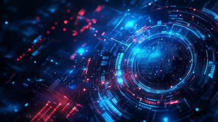 Obraz premium Digital Abstract Design Featuring Vibrant Blue and Red Lights in a Circular Pattern With Intricate Details on a Dark Background, Showcasing Modern Technology and Innovation