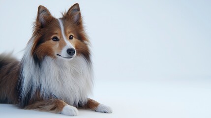 Naklejka premium Beautiful Shetland Sheepdog Relaxing Against Soft White Background