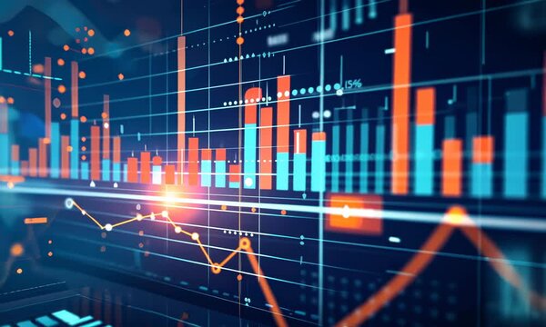 Abstract concept of financial data analysis with glowing graphs and charts on dark background