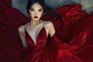 A stunning Asian woman in a flowing crimson gown, exuding elegance and grace.