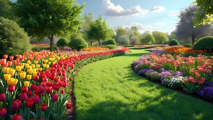 Fototapeta premium Serene Spring Garden with Vibrant Tulips and Flourishing Blooms.
