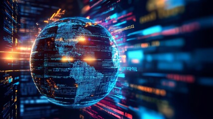 Fototapeta premium Dynamic Digital Representation of Earth Surrounded by Data Streams Illustrating Global Connectivity and Technology Advancements