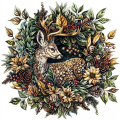 Obraz premium Artistic depiction of a deer surrounded by lush foliage and floral elements in a vibrant natural setting