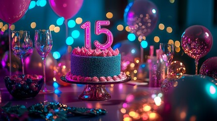 Bright balloons and sparkling lights fill the room, creating a lively backdrop for a 15th birthday celebration. A beautifully decorated cake with glowing candles awaits joyful guests ready to sing