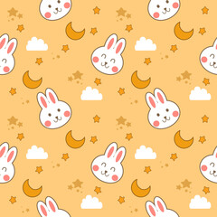 Face rabbit cartoon so cute. On cloud star moon yellow background. Pattern seamless vector illustration. 
