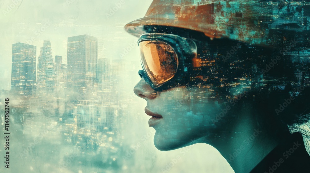Poster profile view of a worker in safety helmet and goggles in an abstract city landscape with vibrant det