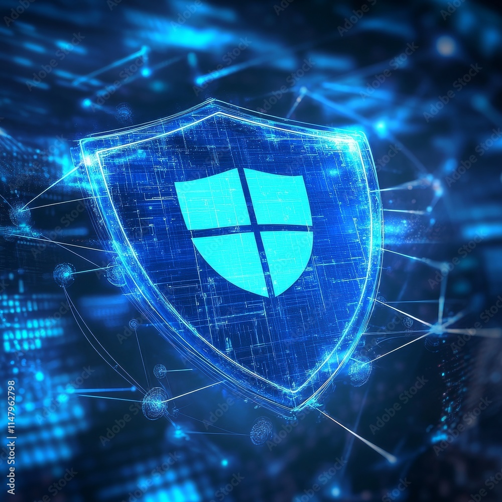 Poster shield symbol representing cybersecurity and digital protection in a high-tech environment with blue