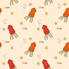 Squid red orange cartoon so cute. On starfish fish bubbles background. Pattern seamless vector illustration. 
