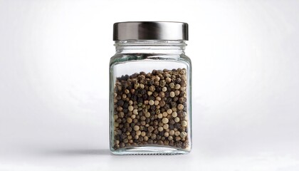 A glass jar filled with whole peppercorns is displayed against a white background