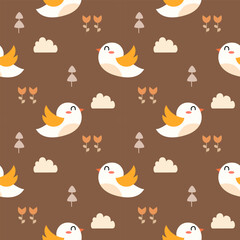 Bird cartoon so cute. On flower tree cloud brown background. Pattern seamless vector illustration. 
