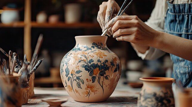 A woman is painting a vase with flowers on it