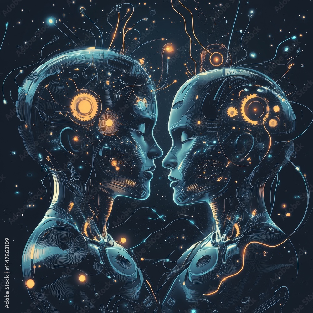 Poster futuristic androids with intricate circuitry showcase connection in a vibrant, digital world filled 
