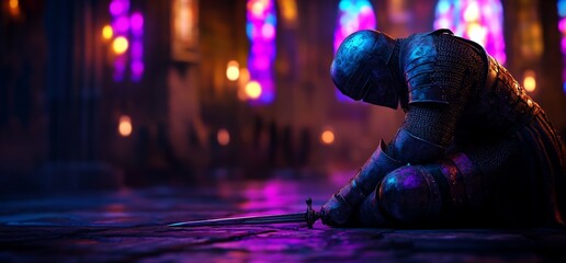 Weary knight kneeling in a dimly lit medieval city square, his sword resting on the ground.
