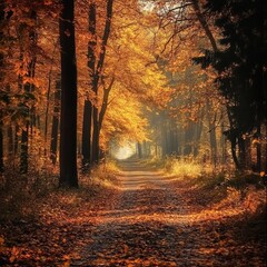 Obraz premium Autumn Forest Path Illuminated by Golden Leaves and Soft Morning Light Creating a Serene Atmosphere in a Tranquil Woodland