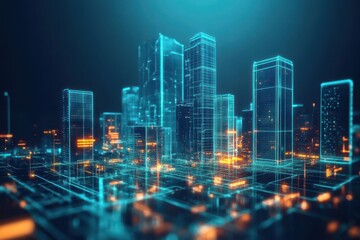 Futuristic city skyline illuminated by glowing blue and orange lights at night with digital elements