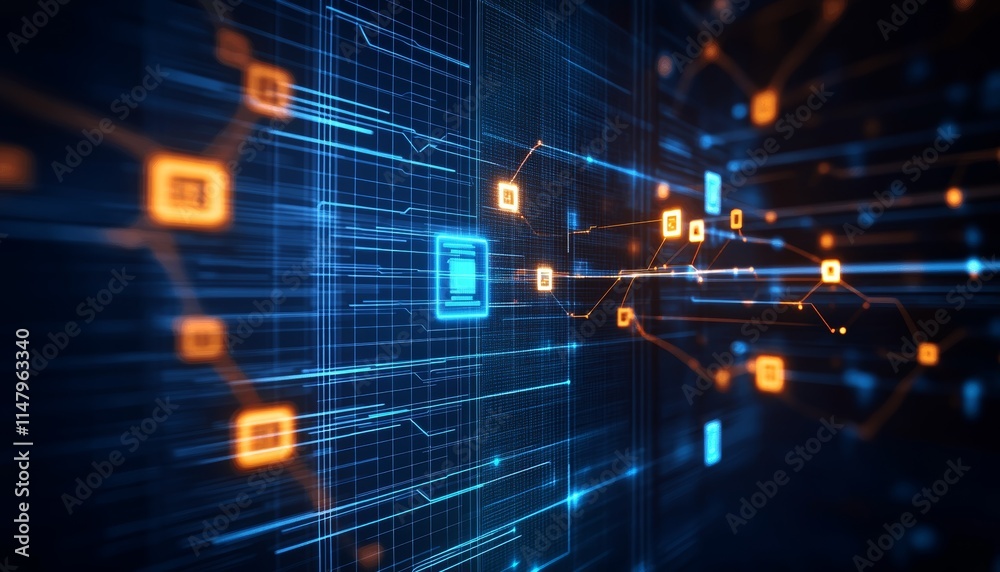 Poster digital network design showcasing vibrant blue and orange data pathways connecting nodes in a futuri