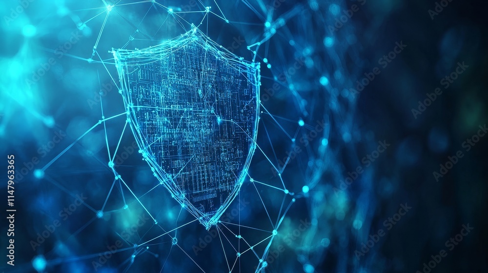 Poster digital shield symbolizing cybersecurity protection, showcasing a network of interconnected nodes an