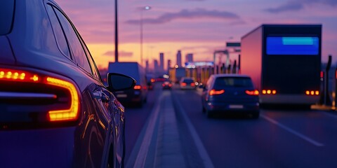 City highway traffic at sunset.  Cars and truck driving on road at dusk.