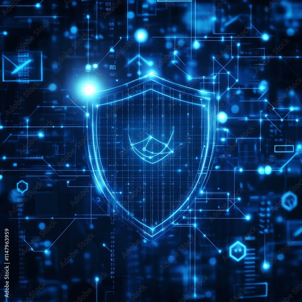 Poster digital security shield glowing amidst a network of data and circuit patterns in a futuristic blue s