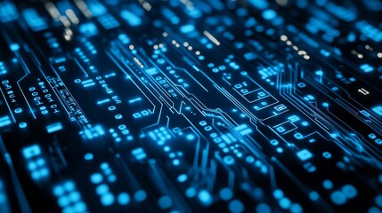 Digital Circuit Board Design Showcasing Intricate Patterns and Blue Light Effects Highlighting Technology and Innovation in Modern Electronics