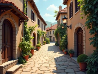 Fototapeta premium Charming cobblestone street lined with colorful houses and lush greenery in a peaceful village setting during the afternoon