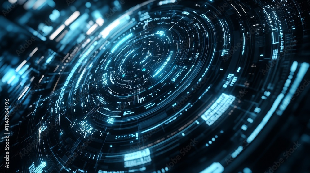 Poster digital data visualization showcases futuristic technology with glowing circuits and intricate patte