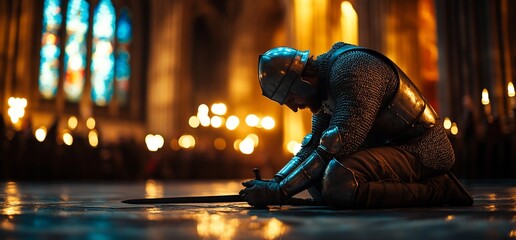A kneeling medieval knight in a cathedral, placing his sword down.