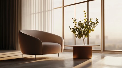 Minimalist modern lounge with sleek, spacious decor. Featuring clean lines and subtle hues