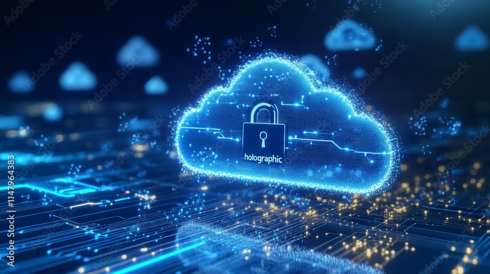 Poster digital cloud security system with holographic lock icon illuminated by blue lights and glowing circ