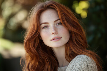 A portrait of a young woman with long, wavy, red hair and freckles, looking directly at the camera.